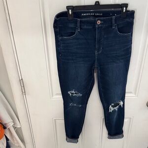 American Eagle Outfitters Women's Distressed Dark Blue Cropped Jeans